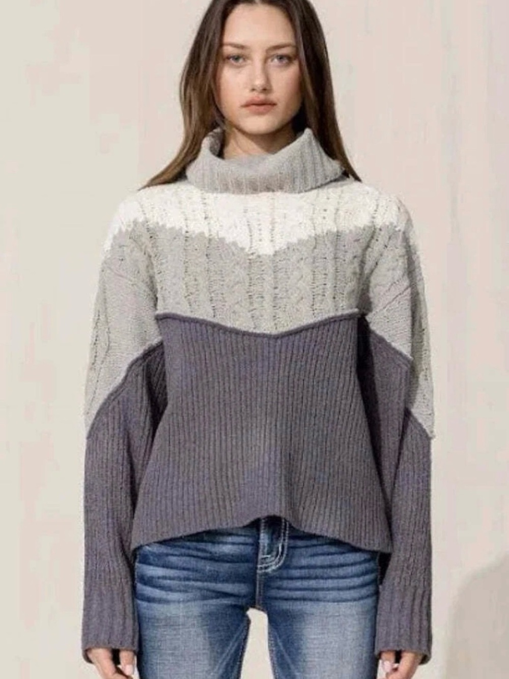 Miss Me Chenille Cable Knit Colorblock Turtleneck Sweater Medium